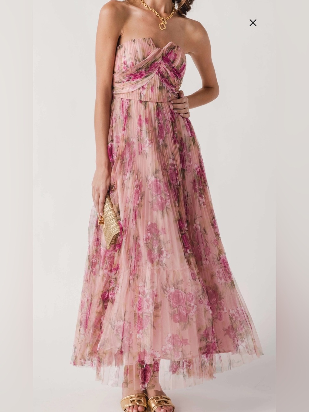 Fate Pink Floral Print Mesh Pleated Strapless Maxi Dress